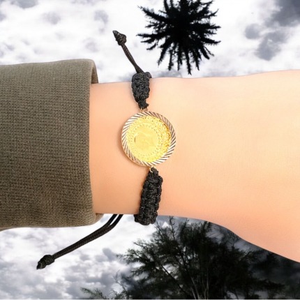 22 Ayar Çeyrek Altınlı Çerçeveli İpli Bileklik - Tek Ebat