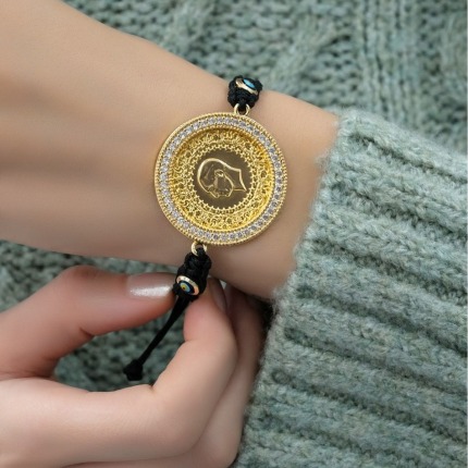 Tam Altınlı Çerçeveli İpli Bileklik - Tek Ebat